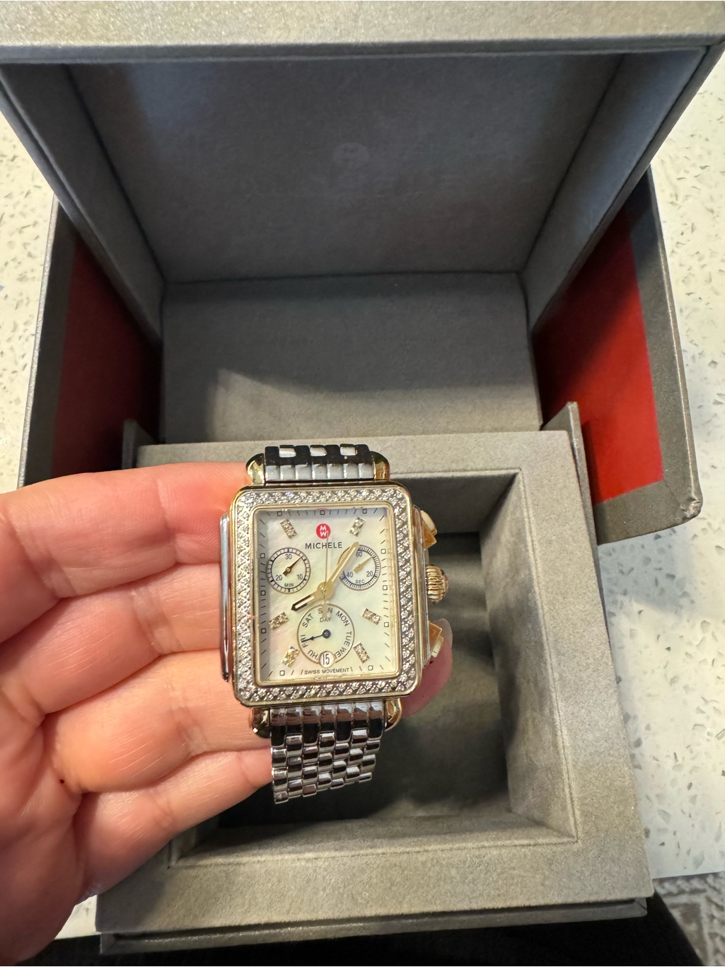 Michele TwoTone Diamond Bezel Chronograph Watch  Silver  Gold